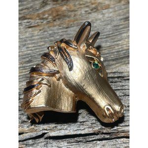 Copper Horse Head Brooch Green Eyed 1”x1” Stallion
